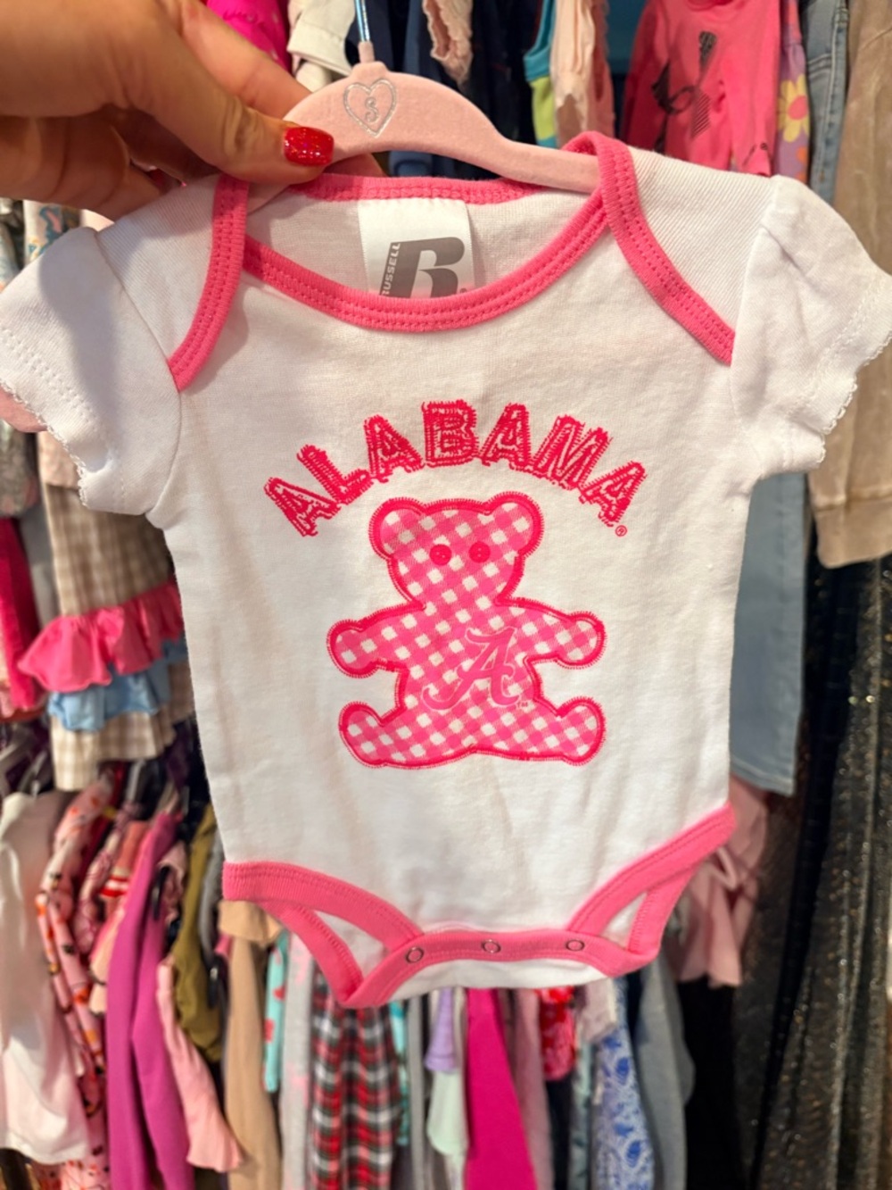 Russell Athletic White Baby Bodysuit with Pink Trim and Teddy Graphic